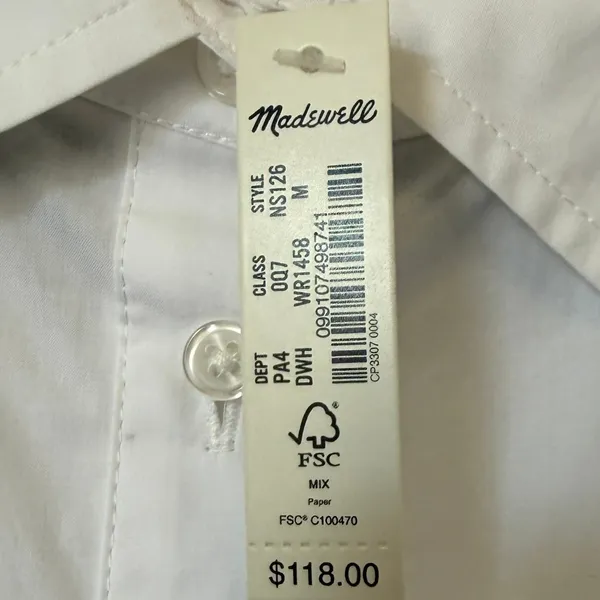 Madewell White Cotton Poplin Button Front Mini Shirtdress NS126 Womens Medium - Image 8