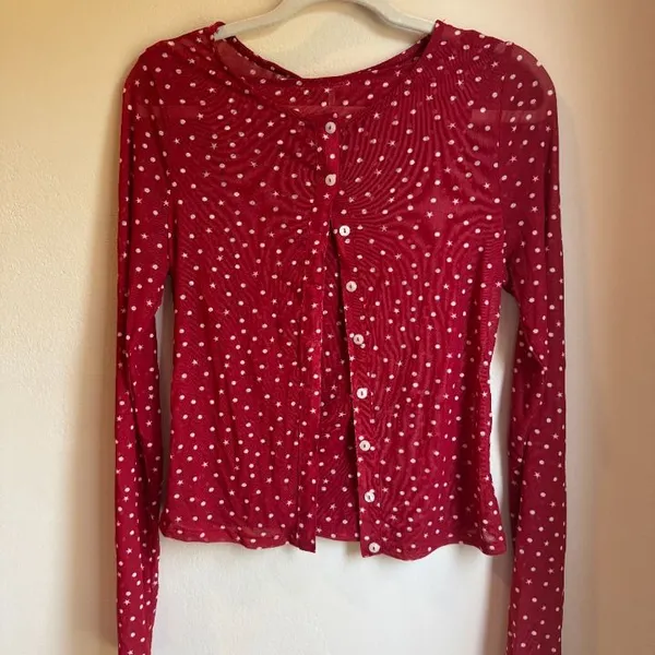 Free People Twosie for One Cardigan Med Red White Polka Dot Stars Semi Sheer - Image 2