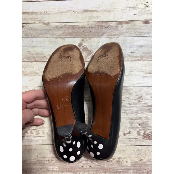 Stuart Weitzman Polka Dot Round Toe High Heels 6.5 Medium Black White Leather - Image 8