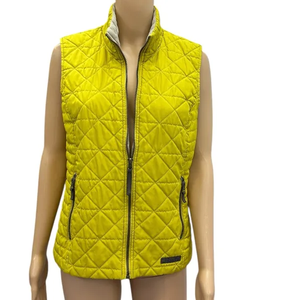 GH Bass and Co Quilted Vest Chartreuse Zip Front Fleece Collar Zip Pocket Medium - Image 3