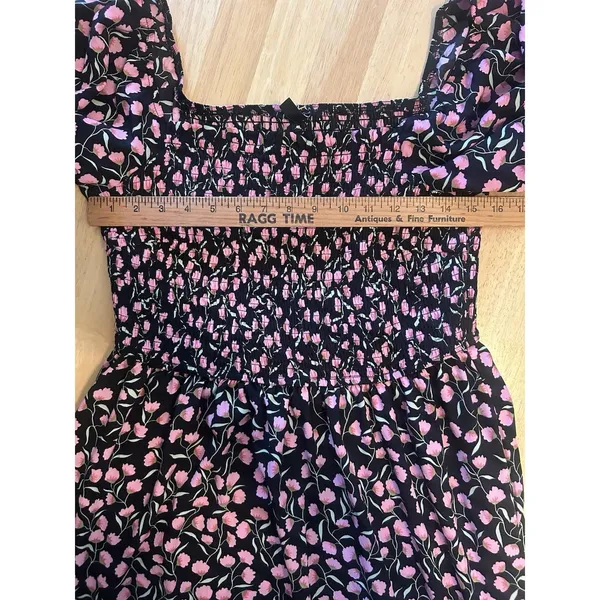 BTFBM Floral Smocked Cottagecore Maxi Dress Puff Sleeve Black Pink Large - Image 7