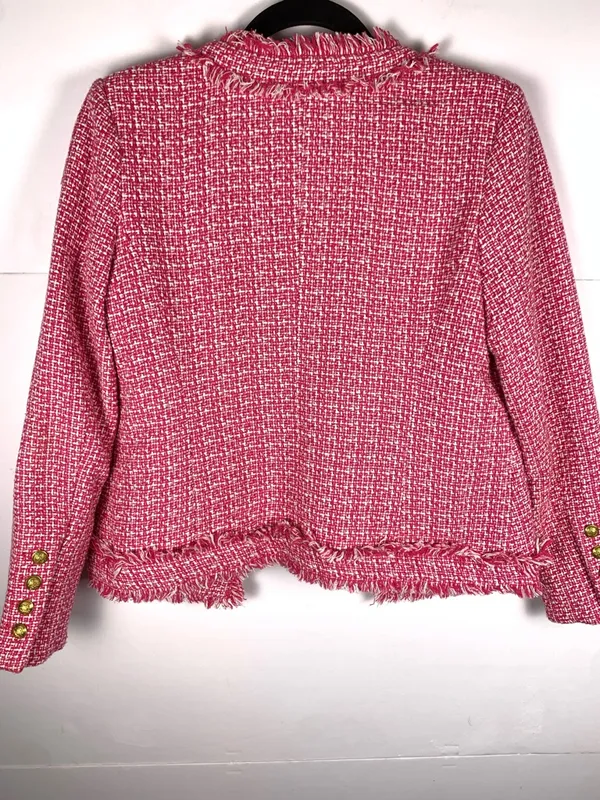 Saks Fifth Avenue Tweed Jacket XS Pink Frayed Trim Open Front Blazer - Image 11
