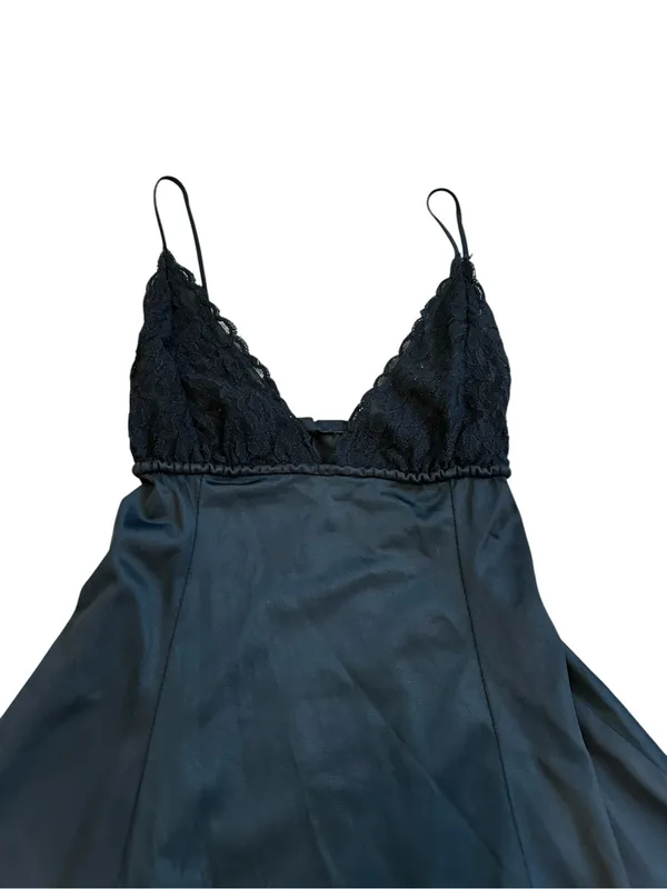 Vintage Silky Nylon Black Lingerie Slip Dress Lace Trim Empire Waist Dark Fairy - Image 3