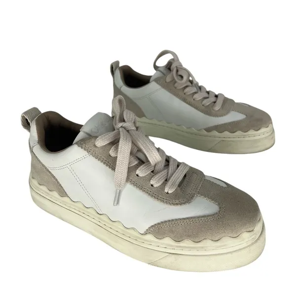 Chloé‎ Lauren Leather Suede Platform Sneakers White Beige 37 - Image 3