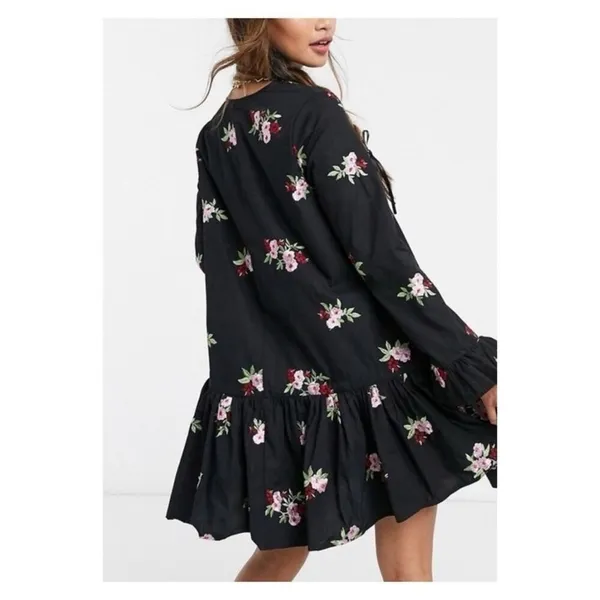 ASOS Women's Floral Embroidered Drop Waist Mini Dress Size 10 Black Boho Chic‎ - Image 8