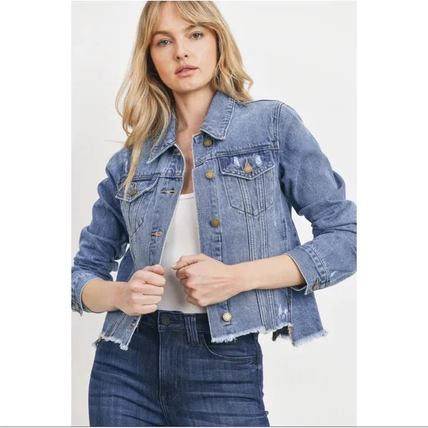 Just USA Boutique Women Distressed Blue Staircase Hem Jean Jacket Button Up-Med - Image 2