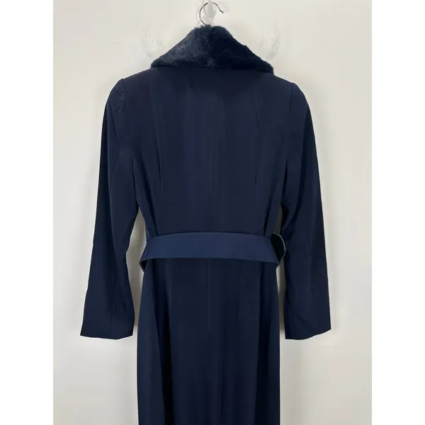 NEW Naked Wardrobe The Statement Trench Coat Navy Fur Shawl Collar Belted Small - Image 7