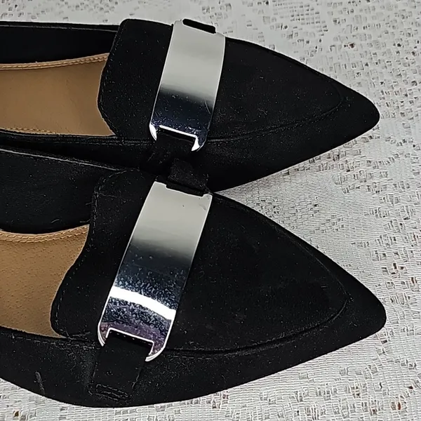 Asos Leonie suede point toe slip on black loafer ballet flats with silver 6 - Image 3