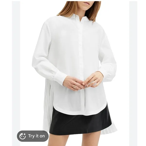 AllSaints Percy Pleated Tail Relaxed Fit Shirt White Band Collar Women US 8 - Image 2
