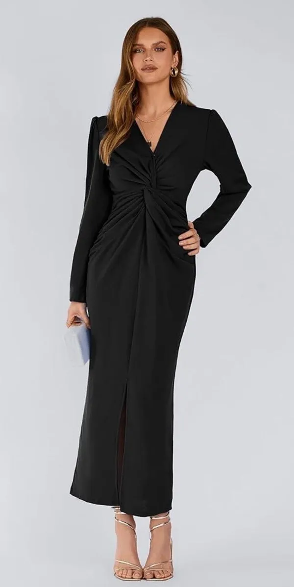 PRETTYGARDEN Women's Spring Fall Fashion Long Puff Sleeve Maxi Dresses V Neck Twist Front Formal Dress with Slit - Image 4