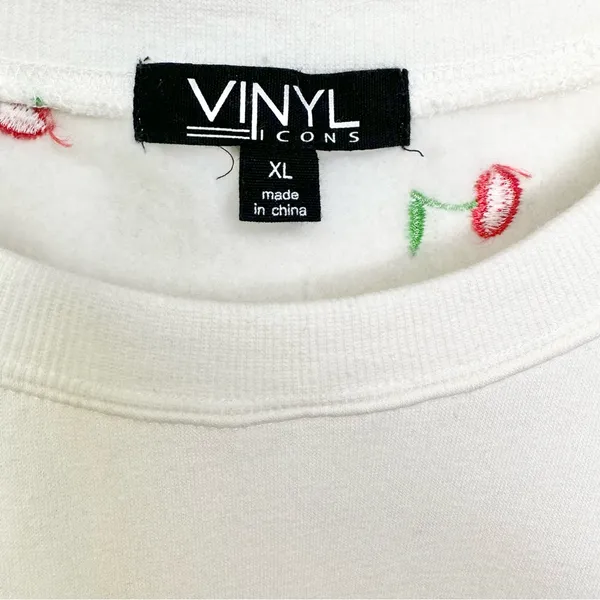 Vinyl Icons Cherry Embroidered White Crewneck Sweatshirt - Image 3