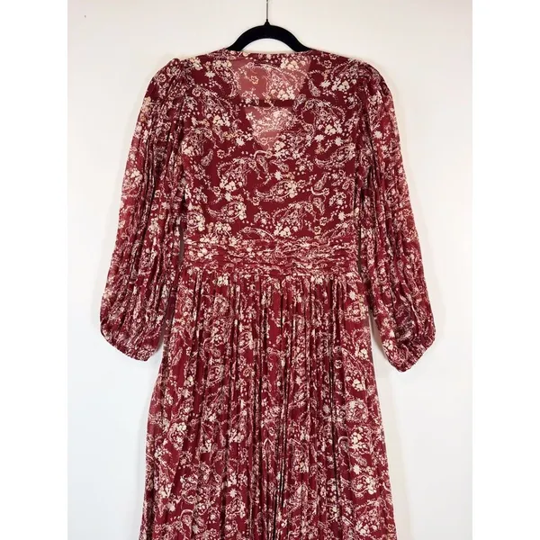 En Saison Womens Dress Red Maxi V Neck Floral Puff Sleeve Pleated Fairycore XS - Image 11