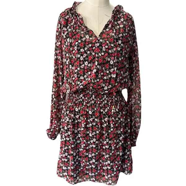 Socialite Floral Chiffon Mini Dress XS Red Black Long Sleeve Smocked Waist NWT - Image 16