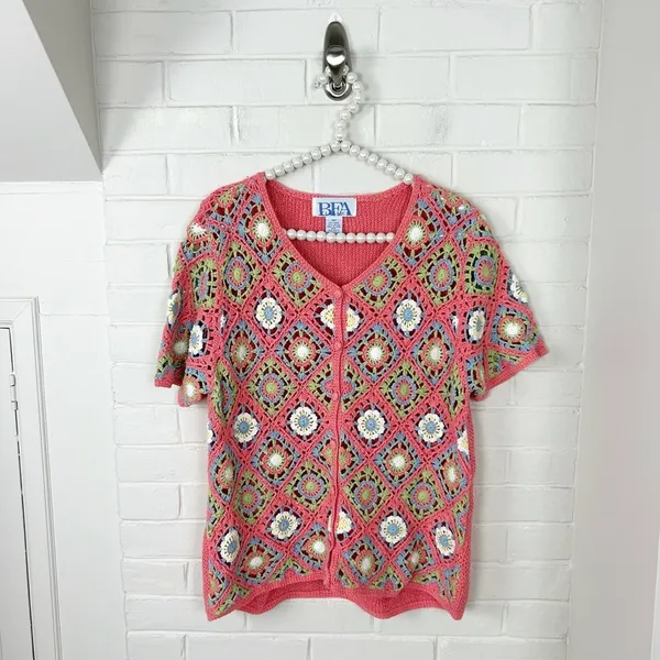 Vintage Granny Knit Crotchet Button Front Top Size M - Image 2