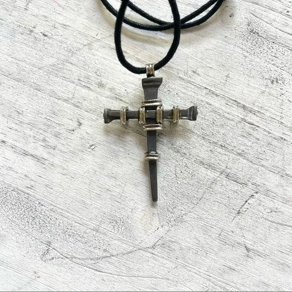 Hematite nail stake cross on cord Gray - Image 3