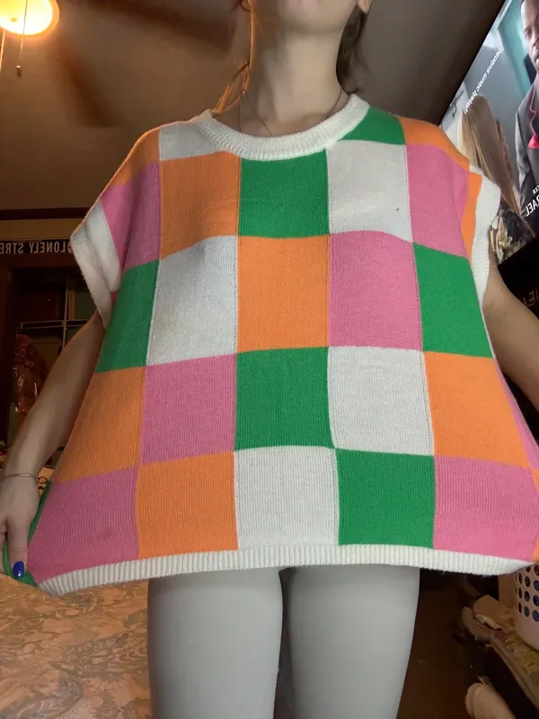 NWOT BiBi Multicolor Checkered Women's Sweat Vest Pink - Image 2