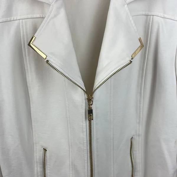 Anne Klein White Long Sleeve Gold Trim Zip Up Ponte Knit Jacket L - Image 4