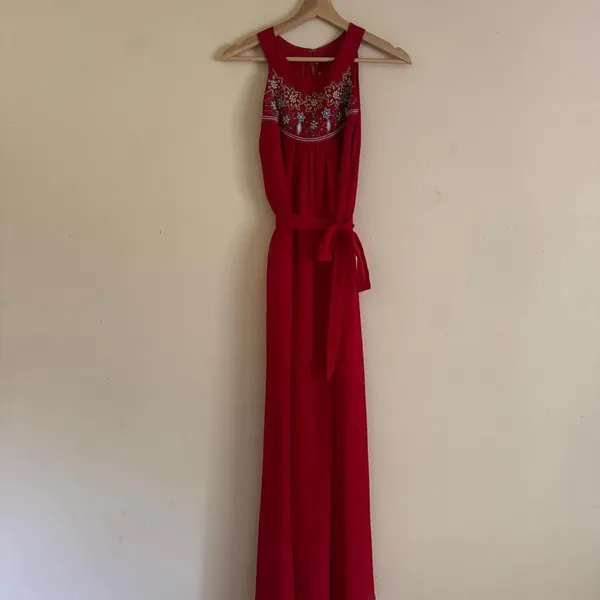 Sabine Red Chiffon Boho Colorful Floral Beaded Maxi Formal Dress Size Small - Image 4
