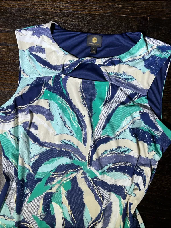 JM Collection Sleeveless Dress Blue Teal Abstract Twist Keyhole Neck Size Large - Image 3