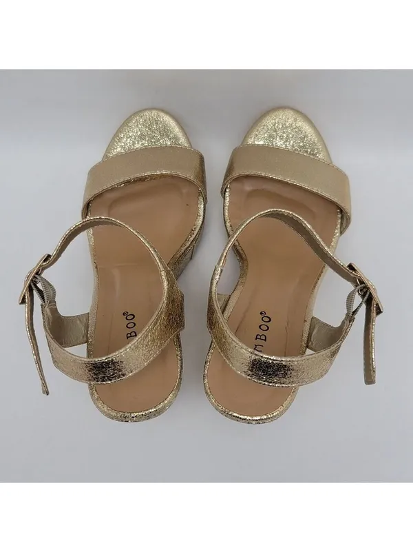 Bamboo Platform High Wedge Heels Ankle Strap Round Toe Metallic Gold Sandal Sz 8 - Image 5