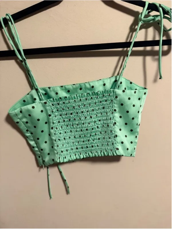 Zara Polka Dot Crop Top in Mint Green Adjustable Tie Strap- Size Small - Image 5