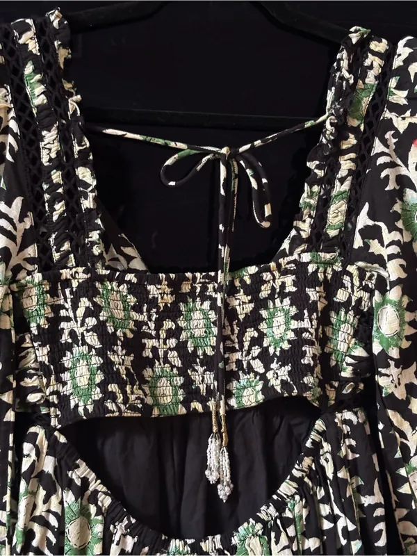 Free People Black and Green Floral Lace-Up Back Mini Dress - Image 6
