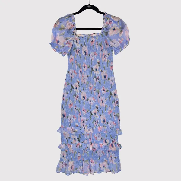Abercrombie Fitch Dress Purple Smocked Midi Bodycon Floral Ruffle Coquette Small - Image 3