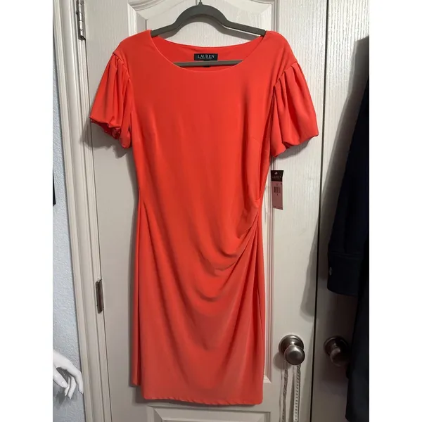 NWT Lauren Ralph Lauren Coral Puff Sleeve Ruched‎ Sheath Dress Minimalist Career - Image 3