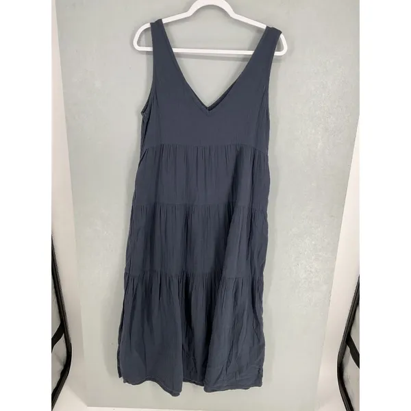 Quince Womens Dress Organic Cotton Tiered Maxi V-Neck Slate Blue Small - Image 3
