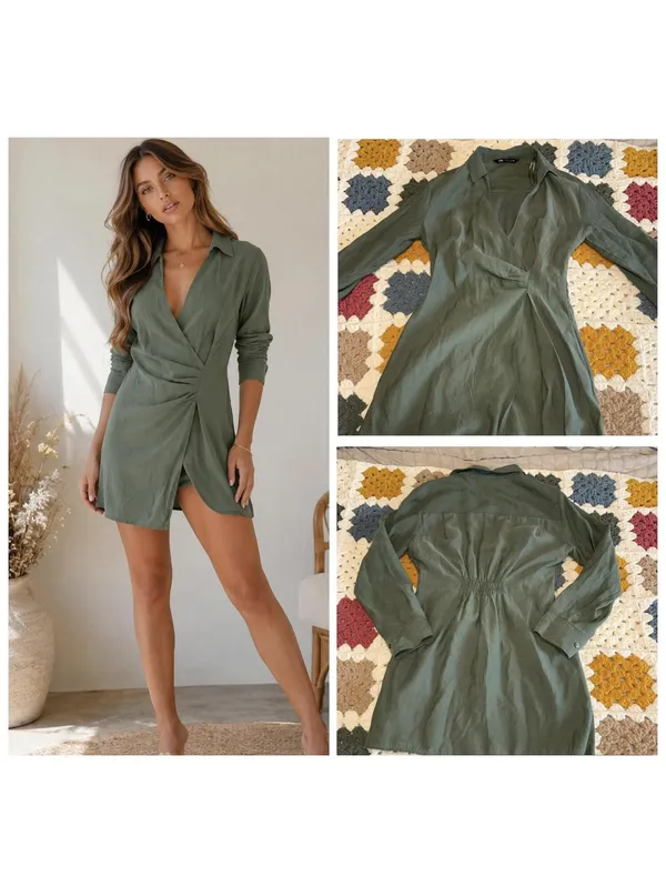 Zara Sage Green Womans L Summer mini dress v-neck long sleeves draped crossover - Image 2