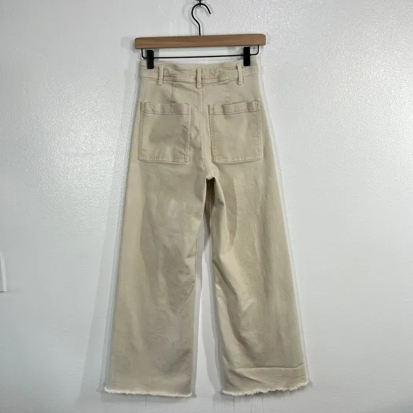 ZARA The Marine Straight High Rise Jeans Women 4 Beige Raw Hem Wide Leg Denim - Image 4