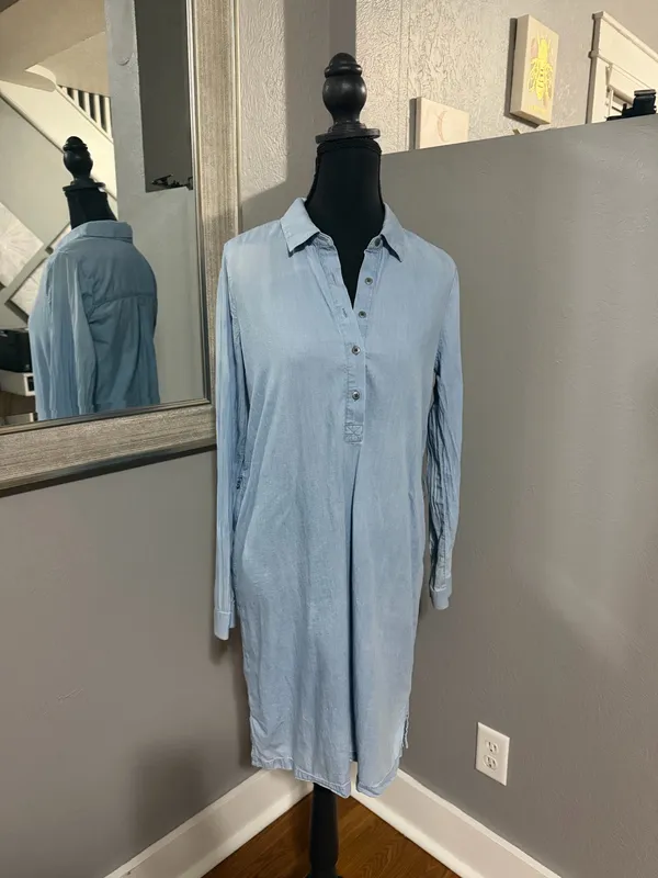 Lucky Brand Chambray Costal Cowgirl Denim Mini Shirt Dress Tie Waist Size XS. - Image 6