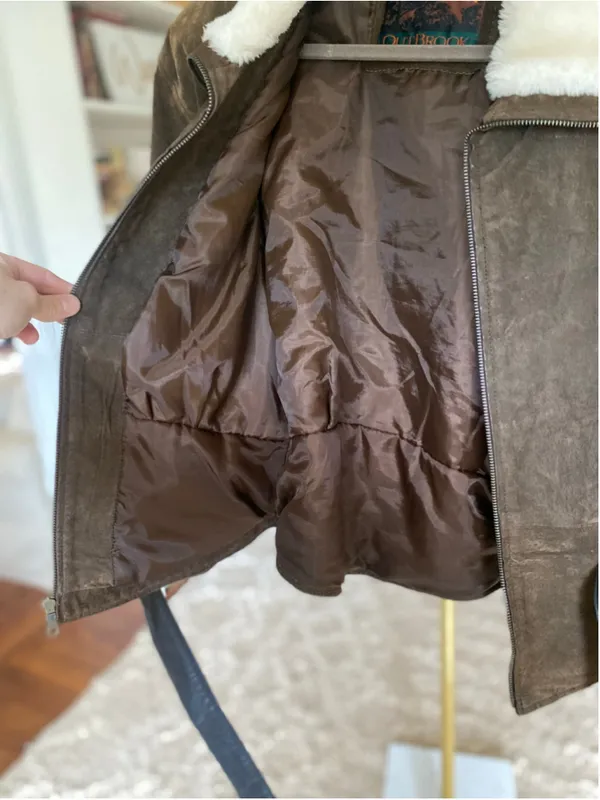 OutBrook M Brown Genuine Leather Shearling Collar Belted Aviator Moto Jacket Y2K - Image 4