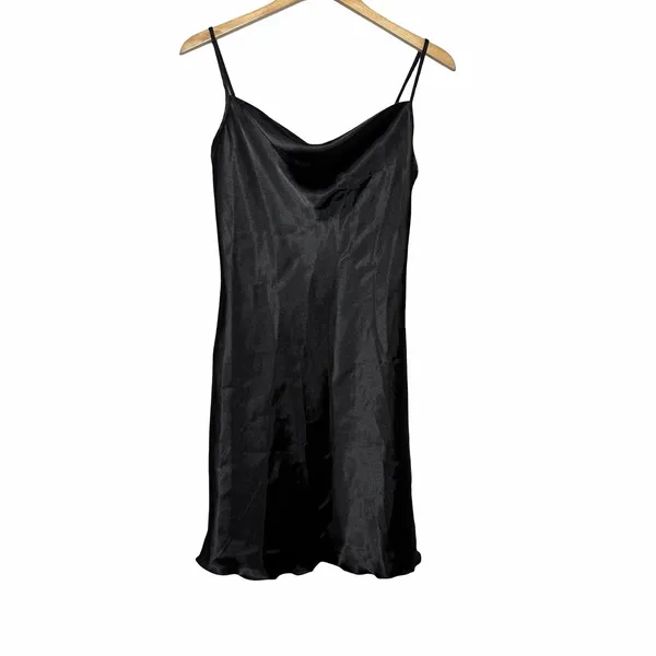 Y2K bebe Black Satin Slip Dress M Cowl Neck Mini Going Out Made USA Minimalist - Image 2