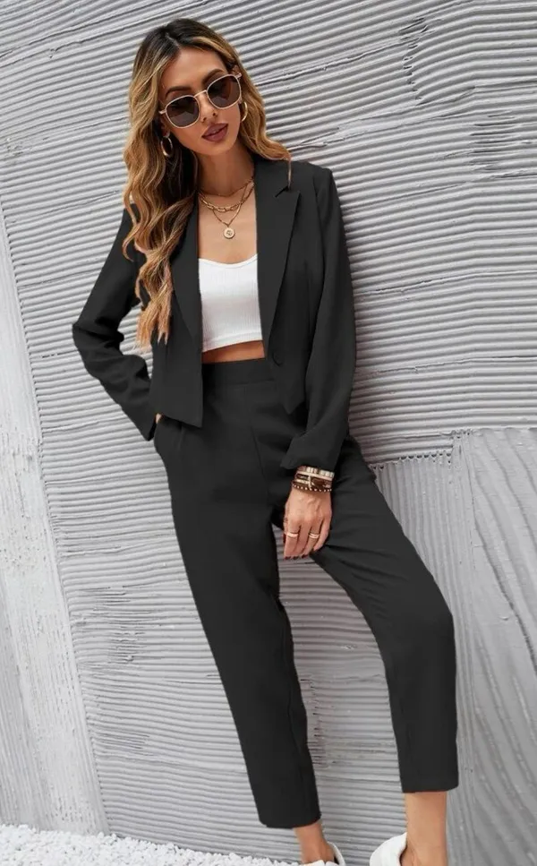 Solid Single Button Crop Blazer And Slant Pocket Tailored Pants (XL 12) - Image 6