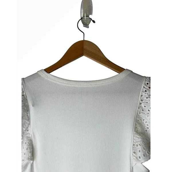 Gap Ribbed Baby Tee Women Small White NWT Eyelet Flutter Sleeve Boho Preppy - Image 5