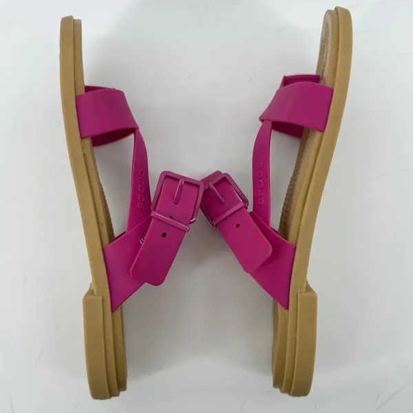 Crocs Tulum Toe Post Sandal Flip Flop Fuchsia Pink Tan Women 8 Buckle Straps - Image 6