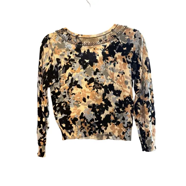 Anthropologie HWR‎ Monogram Beaded Collar Crop Cardigan Sweater Abstract Pattern - Image 4