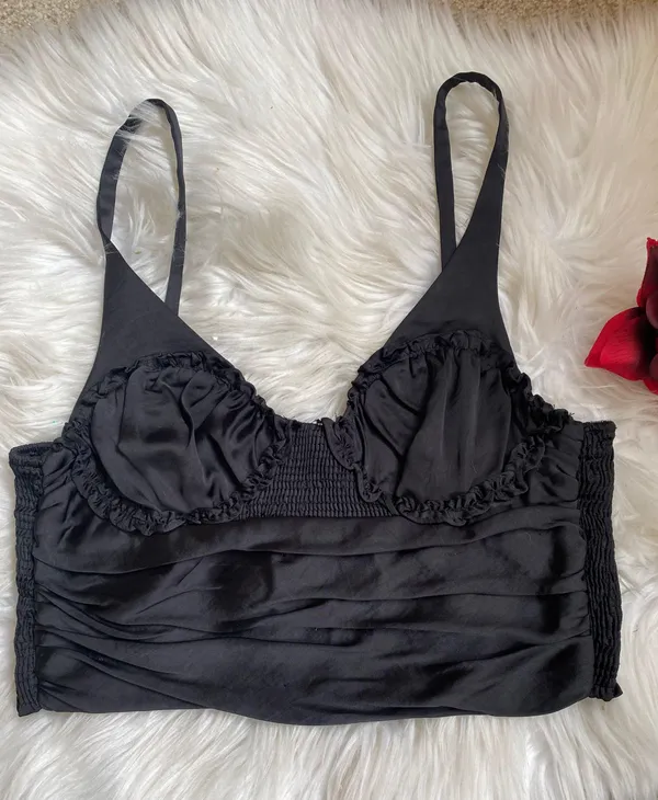 ZARA Black Satin Ruched Crop Top - Image 3