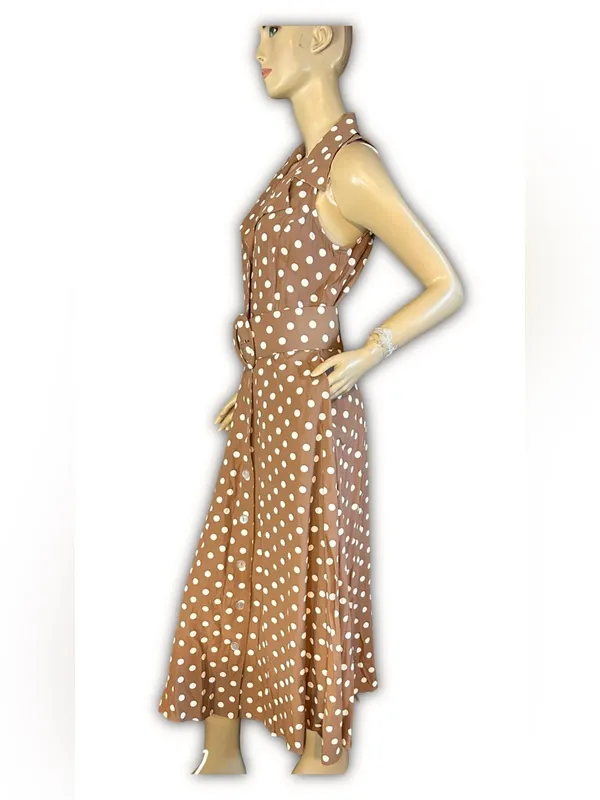 Vintage 1990'S All That Jazz Brown & White Polka Dot Print Dress W/Belt (8) - Image 7