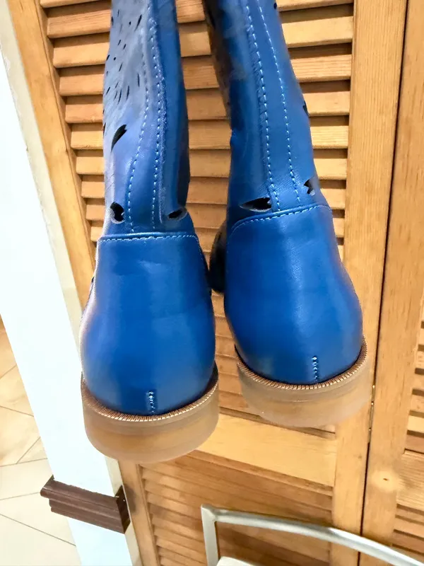 RARE Unbranded Blue Perforated Leather Summer Boots Boho Laser Cut Size 39 - Image 18