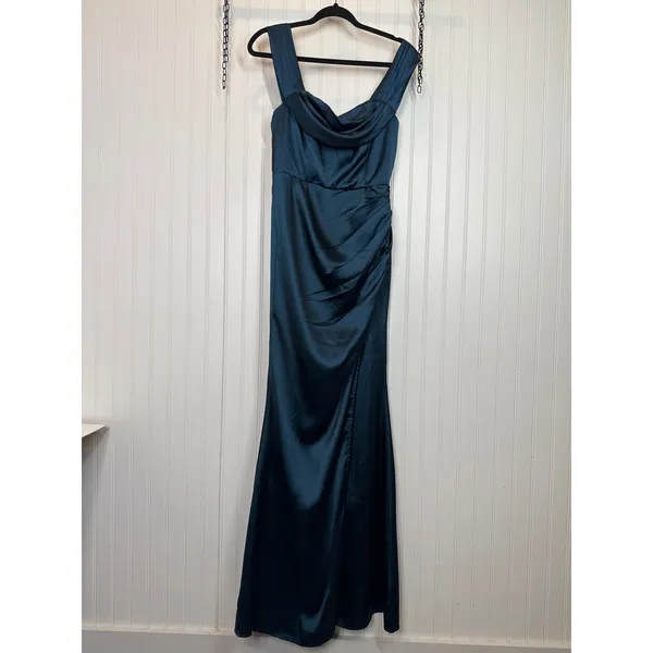 Lulus Stunning Arrival Dark Teal Satin Off-The-Shoulder Dress Holiday Medium - Image 2
