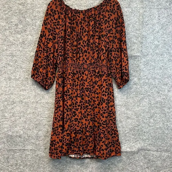 KNOX‎ ROSE Dress Size Large Smocked Elastic Waist Animal Print Rust Large Fall - Image 10