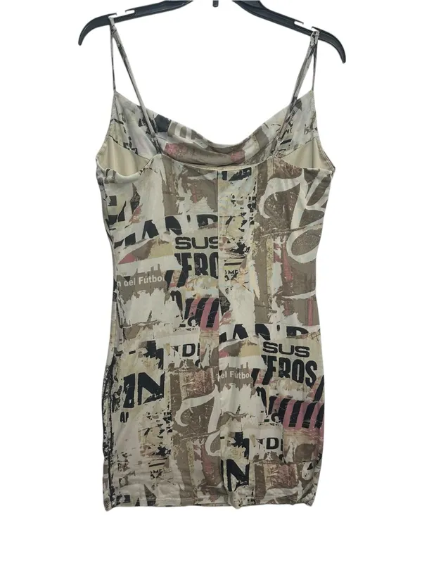 Forever 21 Size L Newspaper Graphic Cowl Neck Mesh Mini Dress Y2K Grunge - Image 4