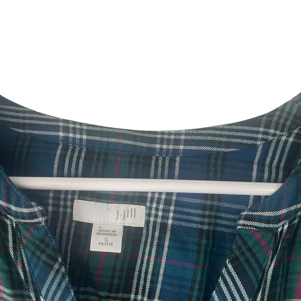 J. Jill‎ Women's Size Small Green Blue Plaid Button Up Blouse - Image 5