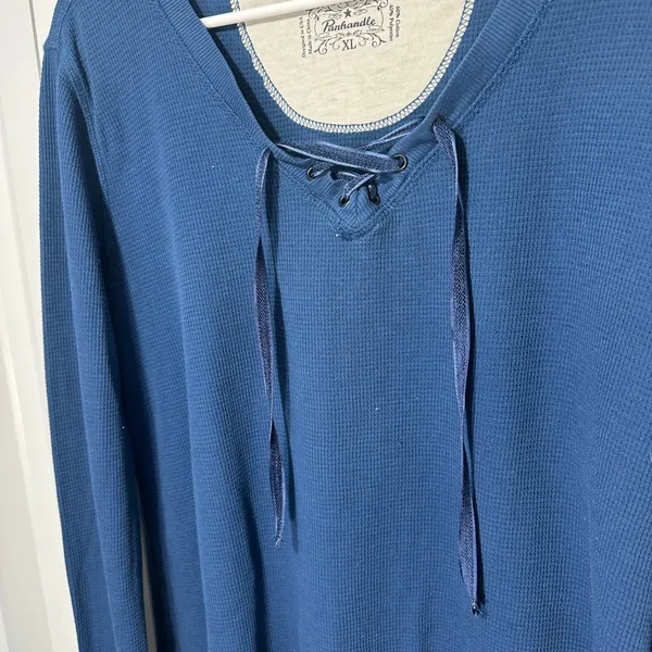 Y2K Panhandle Waffle Knit Thermal Top Womens XL Blue Lace Up‎ Floral Embroidered - Image 2