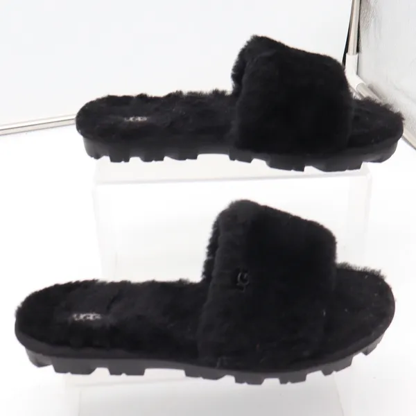 UGG Slide Sandal Womens 9 Cozette Black Faux Fur Lug Sole Excellent - Image 2