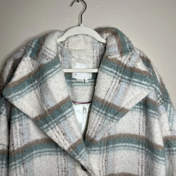 Anthropologie Womens‎ White Green Elsa Plaid Collared Long Sleeve Coat Size M - Image 3