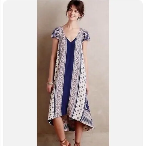 Maeve Patchwork V Neck Open Back Hi‎ Lo Midi Dress Size Extra Small - Image 7