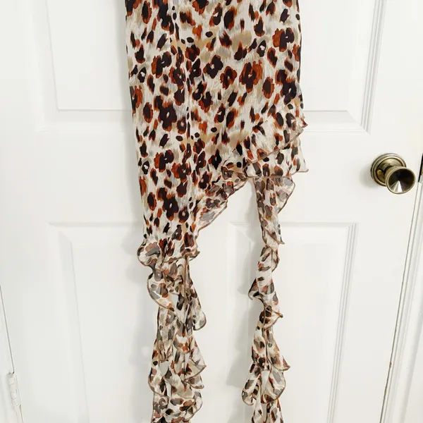 Waew Y2K Neutral Brown Ruffle Leopard Print Spaghetti Strap Asymmetrical Dress - Image 6
